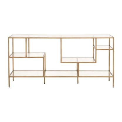 Brown Low Bookcase, Metal Shelving, Tempered Glass, Geometric Design