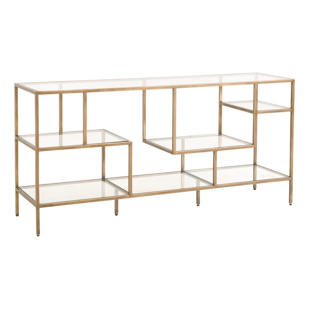Brown Low Bookcase, Metal Shelving, Tempered Glass, Geometric Design
