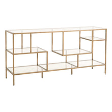 Brown Low Bookcase, Metal Shelving, Tempered Glass, Geometric Design