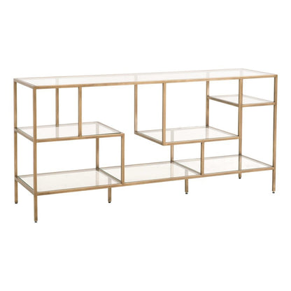 Brown Low Bookcase, Metal Shelving, Tempered Glass, Geometric Design