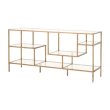 Brown Low Bookcase, Metal Shelving, Tempered Glass, Geometric Design