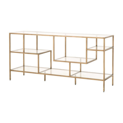 Brown Low Bookcase, Metal Shelving, Tempered Glass, Geometric Design