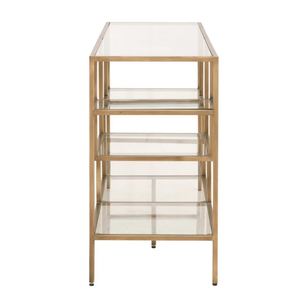 Brown Low Bookcase, Metal Shelving, Tempered Glass, Geometric Design