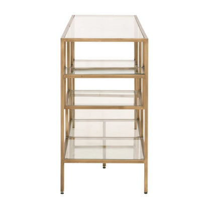 Brown Low Bookcase, Metal Shelving, Tempered Glass, Geometric Design