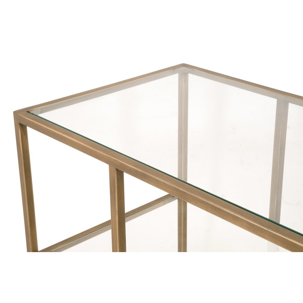 Brown Low Bookcase, Metal Shelving, Tempered Glass, Geometric Design