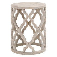 Gray End Table, Reclaimed Elm Wood, Plank Veneer, Carved Design