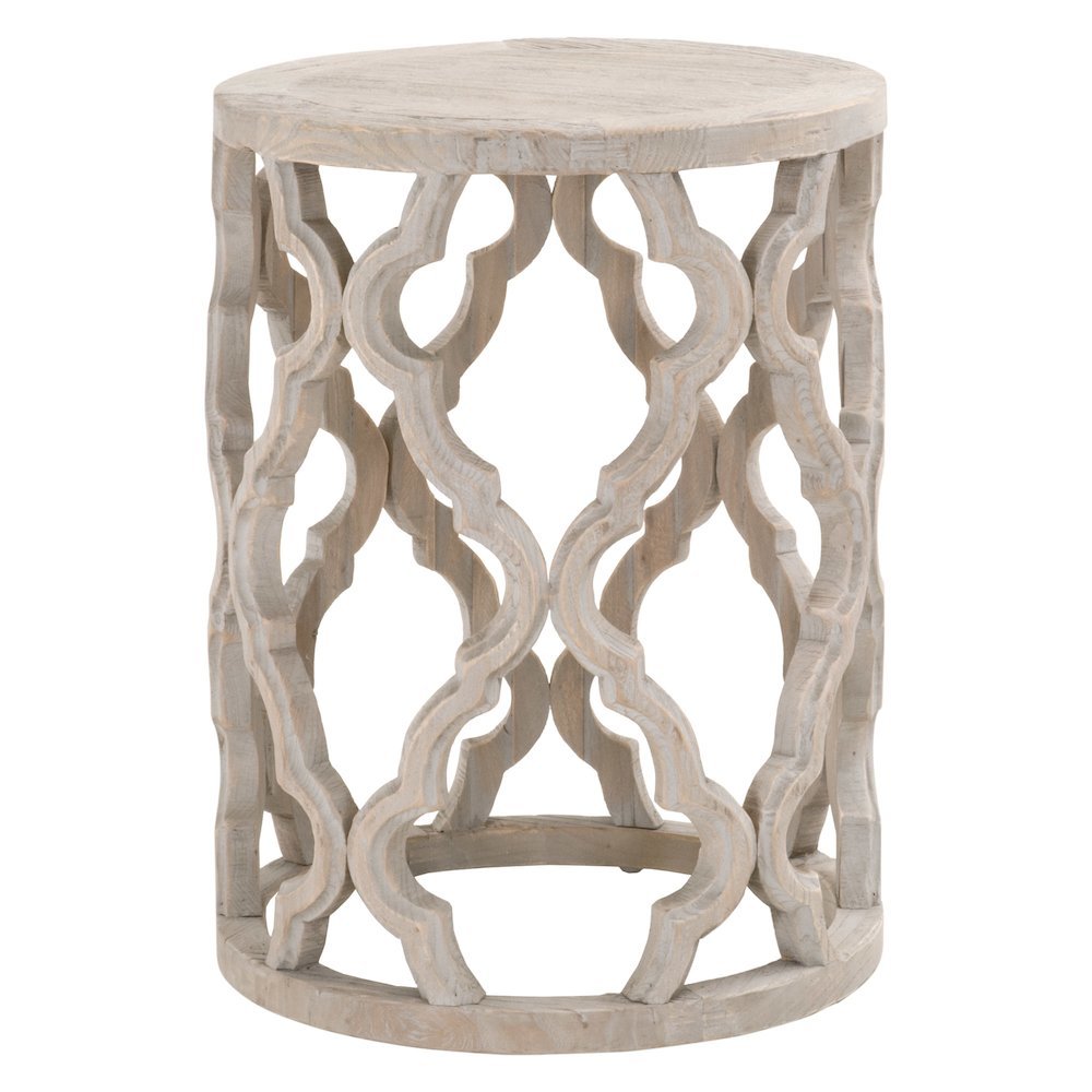 Gray End Table, Reclaimed Elm Wood, Plank Veneer, Carved Design