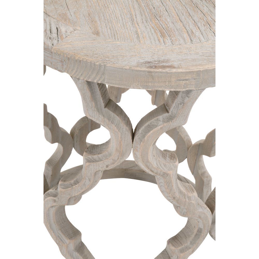 Gray End Table, Reclaimed Elm Wood, Plank Veneer, Carved Design