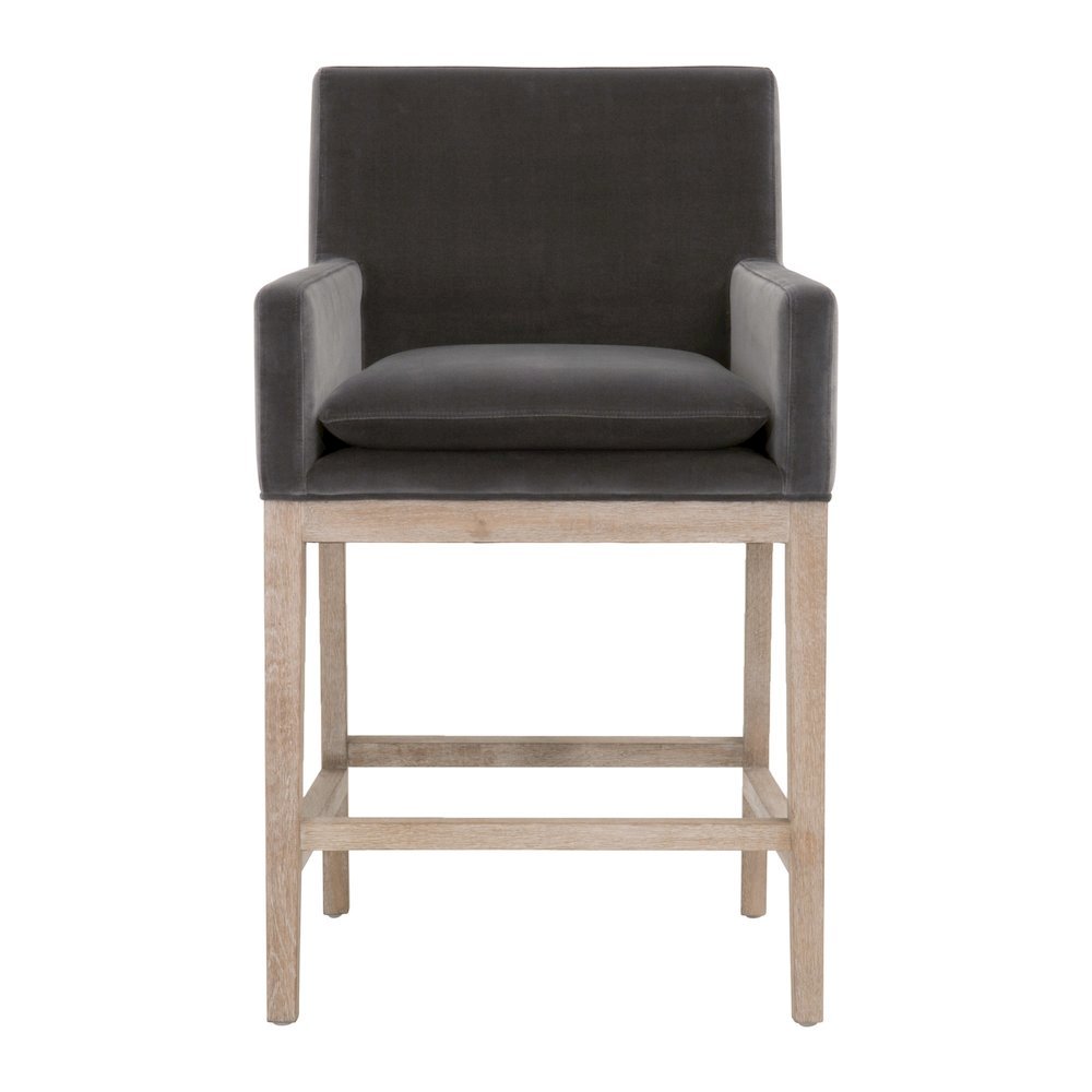 Gray Counter Stool, Solid Oak Wood Base, Velvet Cushion