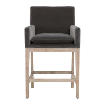 Gray Counter Stool, Solid Oak Wood Base, Velvet Cushion