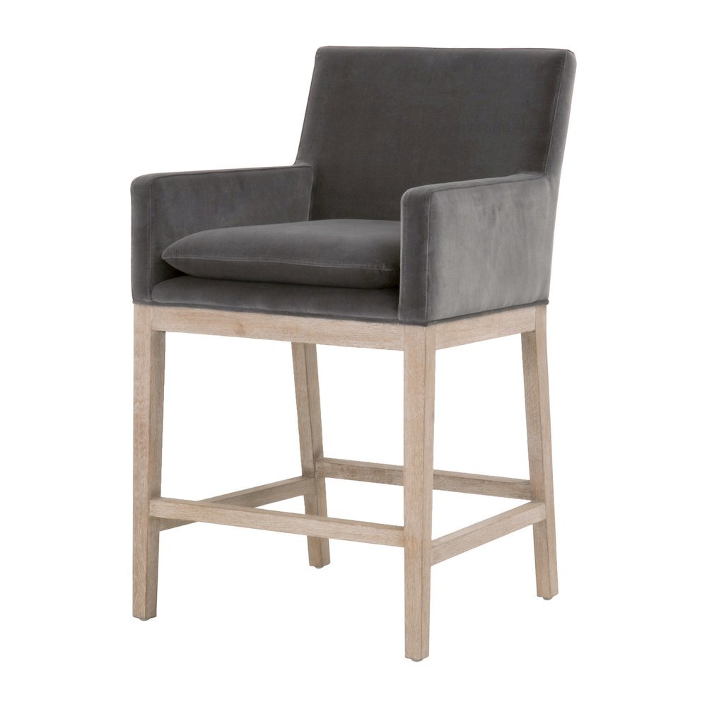 Gray Counter Stool, Solid Oak Wood Base, Velvet Cushion