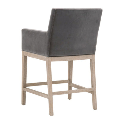 Gray Counter Stool, Solid Oak Wood Base, Velvet Cushion