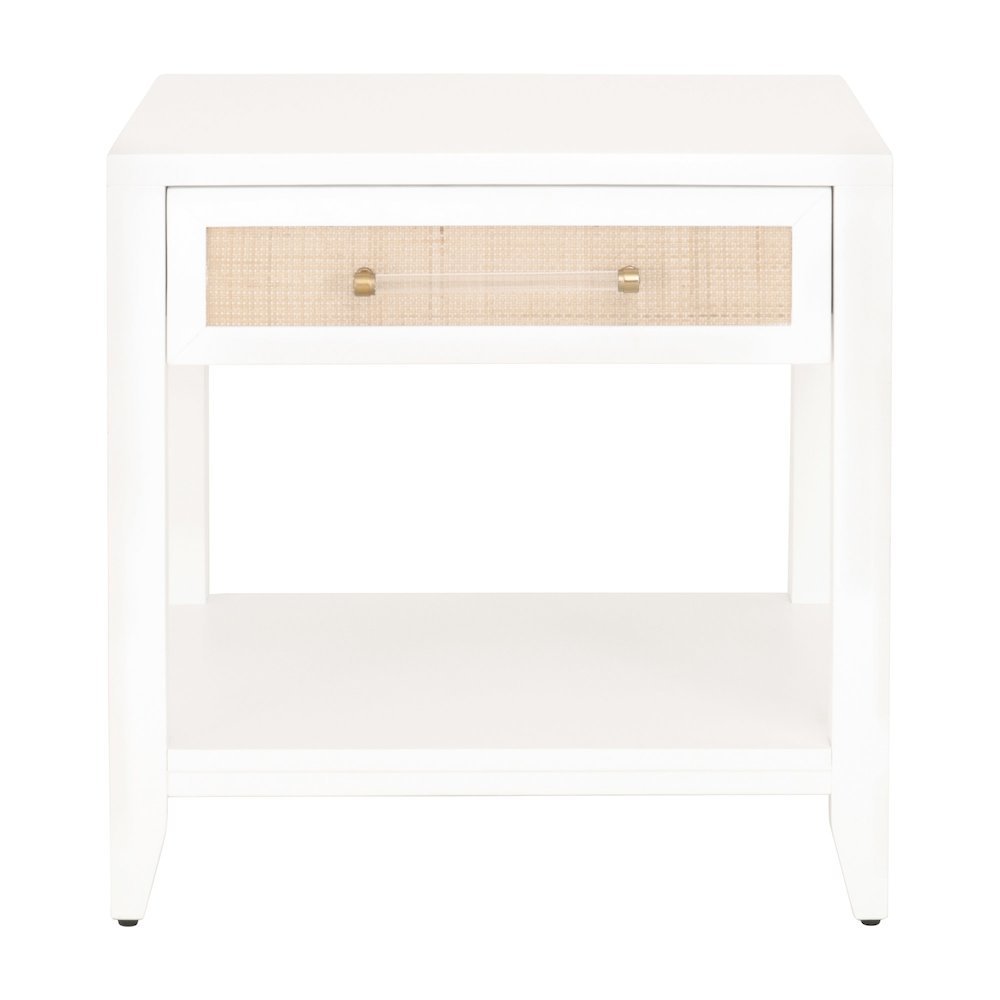 White Side Table with Drawer, Natural Rattan Inlay, Brass Hardware