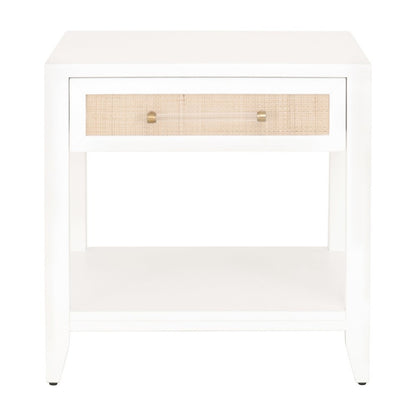 White Side Table with Drawer, Natural Rattan Inlay, Brass Hardware
