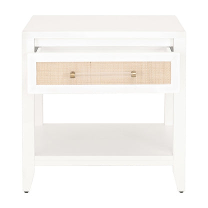 White Side Table with Drawer, Natural Rattan Inlay, Brass Hardware