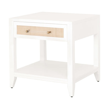 White Side Table with Drawer, Natural Rattan Inlay, Brass Hardware