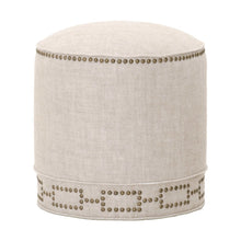 Round Ottoman Beige, Linen Blend, Nailhead Trim