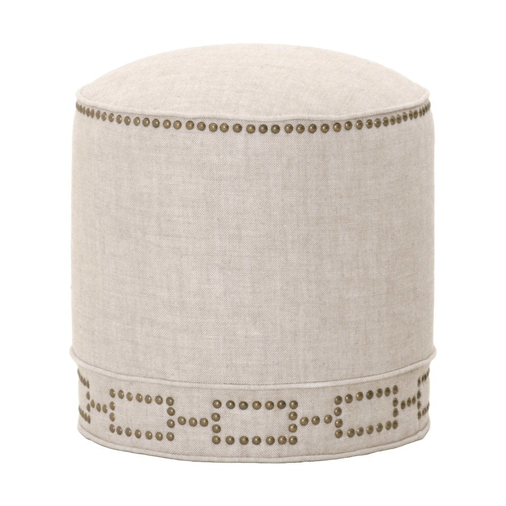 Round Ottoman Beige, Linen Blend, Nailhead Trim