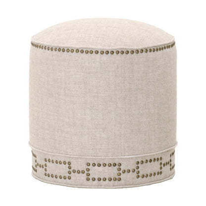 Round Ottoman Beige, Linen Blend, Nailhead Trim