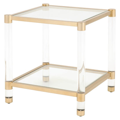 Gold End Table, Tempered Glass Top, Metal Frame, Acrylic Legs