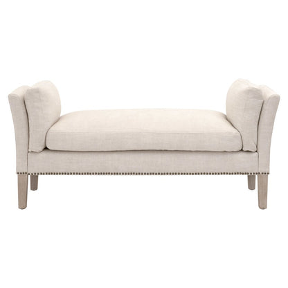 Beige Upholstered Bench, Solid Wood Legs, Stain-Resistant Fabric