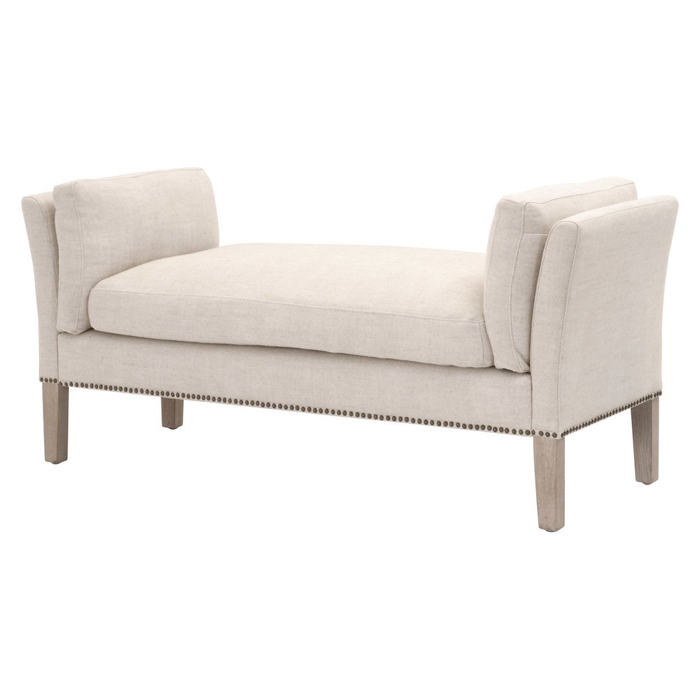 Beige Upholstered Bench, Solid Wood Legs, Stain-Resistant Fabric