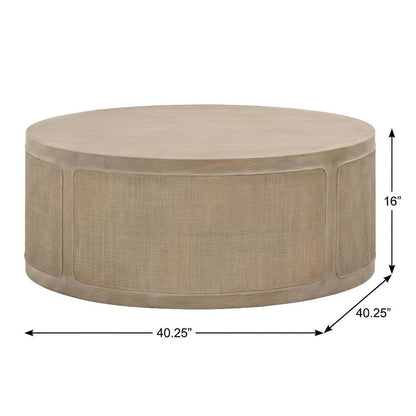 Gray Transitional Cane Coffee Table with Solid Oak Wood and Oak Veneer Frame