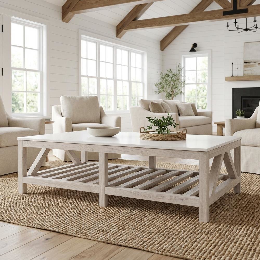 White Pine Wood Coffee Table with Quartz Top and Storage Shelf
