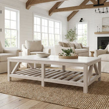 White Pine Wood Coffee Table with Quartz Top and Storage Shelf