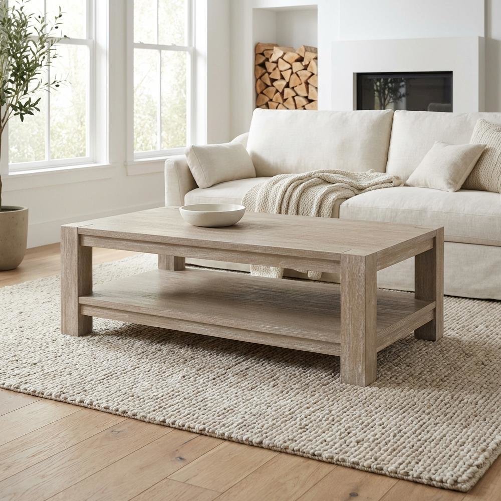 Gray Coffee Table with Beech Wood Frame and Single Shelf Storage