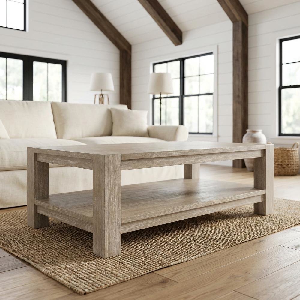 Gray Coffee Table with Beech Wood Frame and Single Shelf Storage