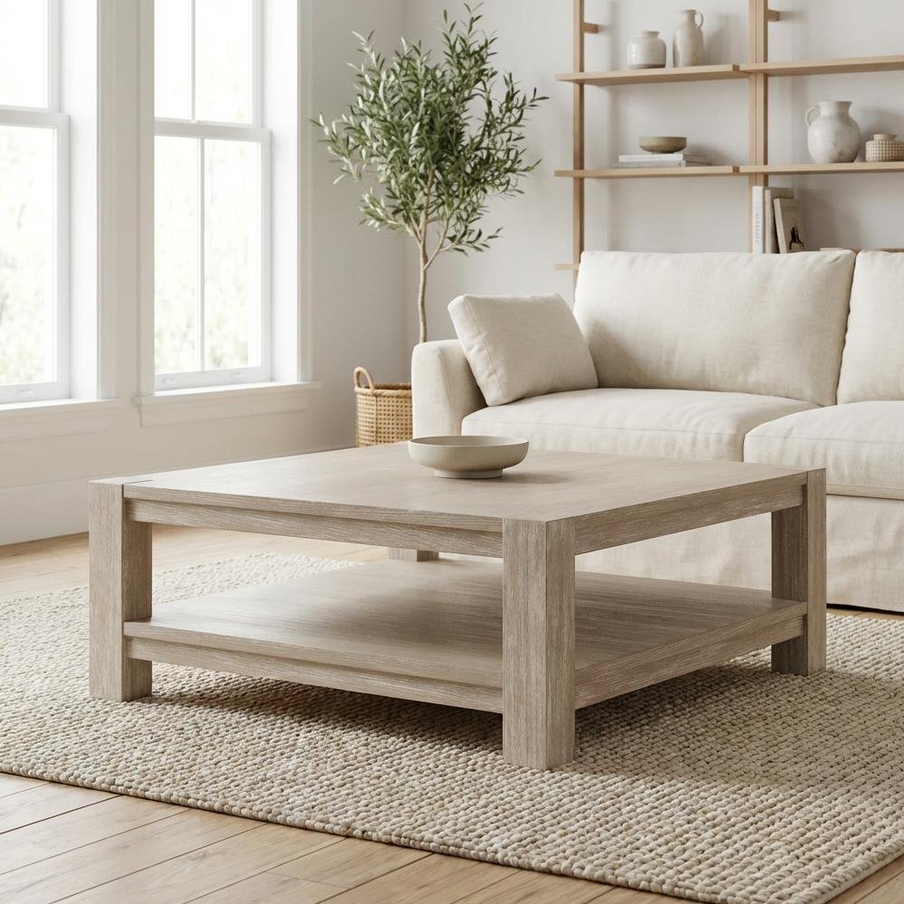 Gray Transitional Square Coffee Table, Solid Beed Wood Frame and Shelf Storage