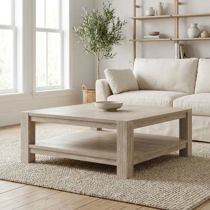Gray Transitional Square Coffee Table, Solid Beed Wood Frame and Shelf Storage