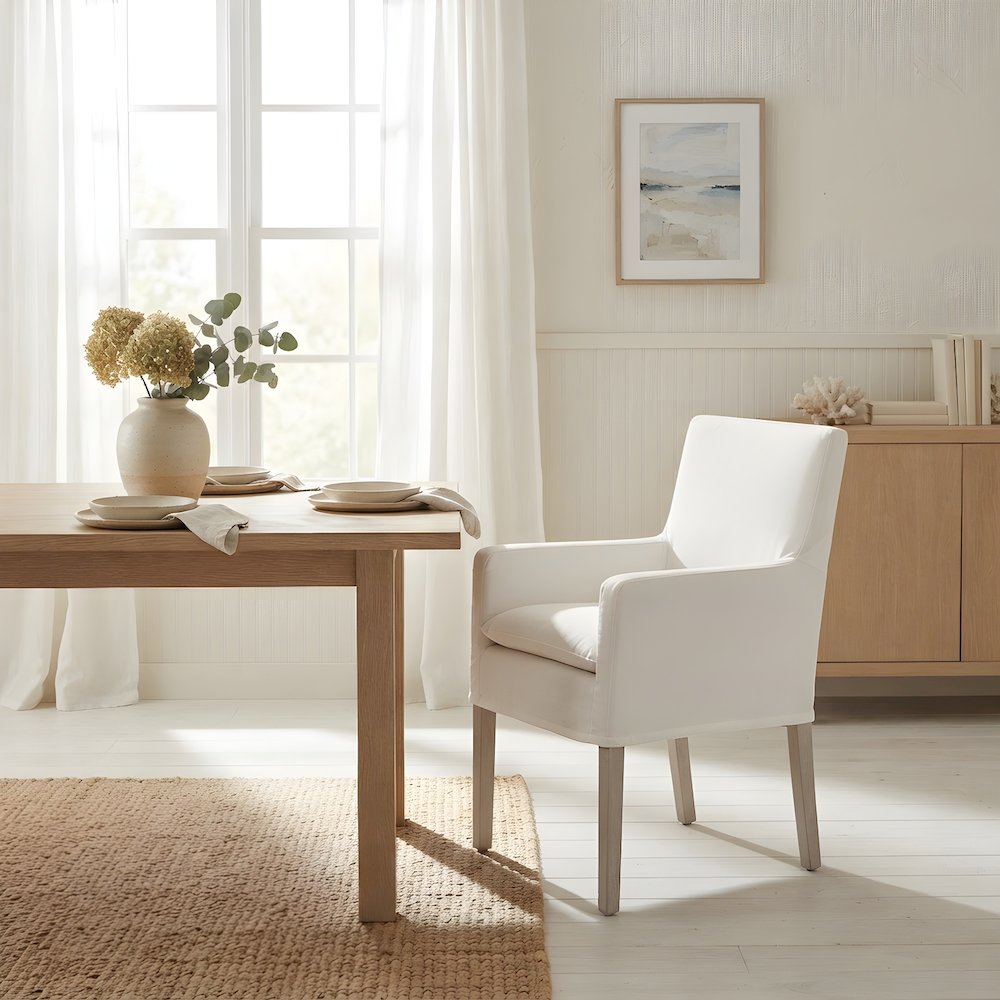 Upholstered Slipcover Arm Chair with Solid Oak Frame, Natural Gray Oak