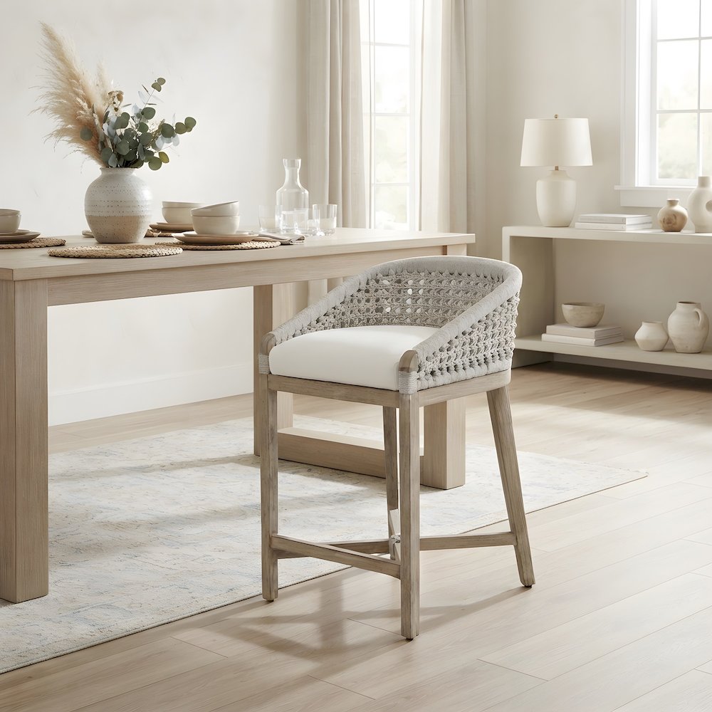 Solid Mahogany Counter Stool with Woven Rope Seat, Natural Gray Mahogany