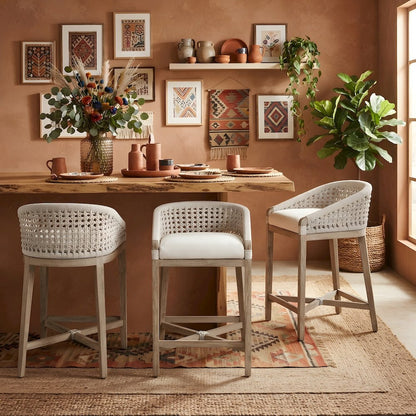 Solid Mahogany Counter Stool with Woven Rope Seat, Natural Gray Mahogany