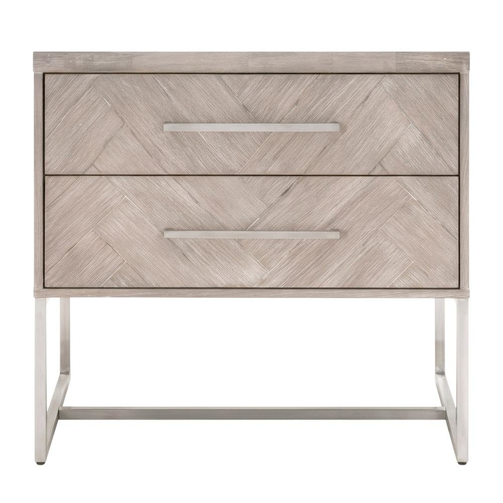 Gray Nightstand with 2 Drawers and Stainless Steel Handles for Bedroom Storage