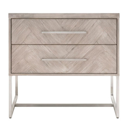 Gray Nightstand with 2 Drawers and Stainless Steel Handles for Bedroom Storage