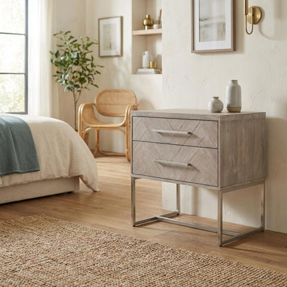 Gray Nightstand with 2 Drawers and Stainless Steel Handles for Bedroom Storage