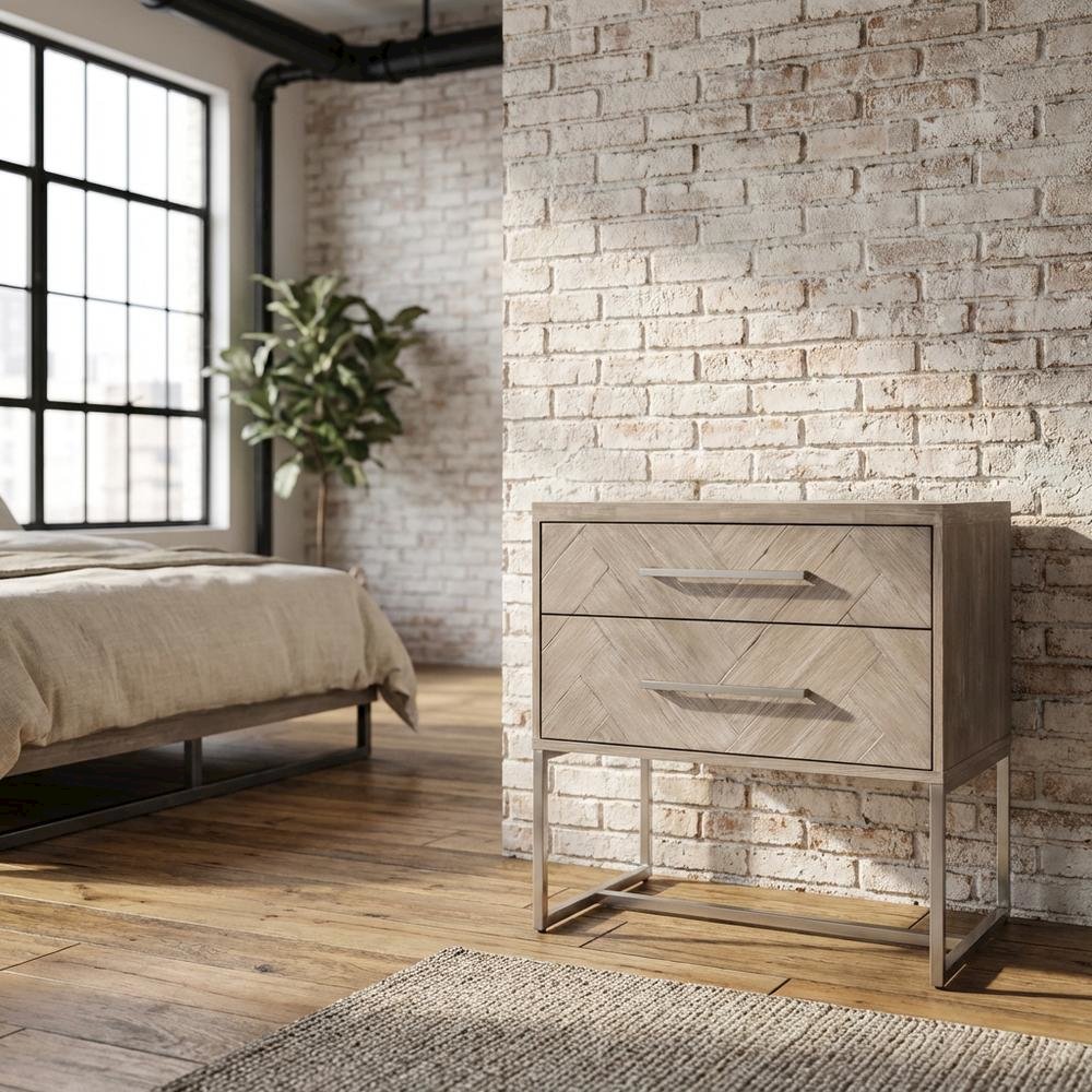Gray Nightstand with 2 Drawers and Stainless Steel Handles for Bedroom Storage