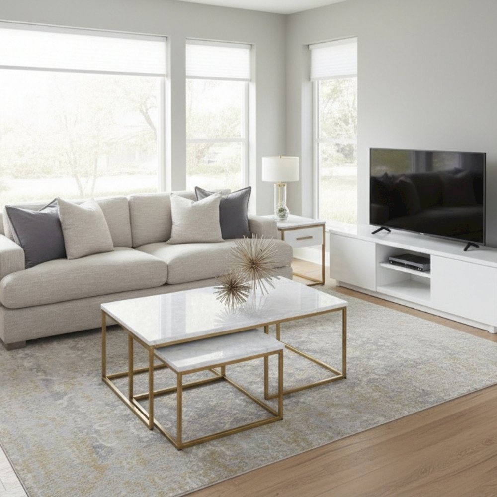 Nesting Coffee Table White, Two Pieces, Marble Veneer