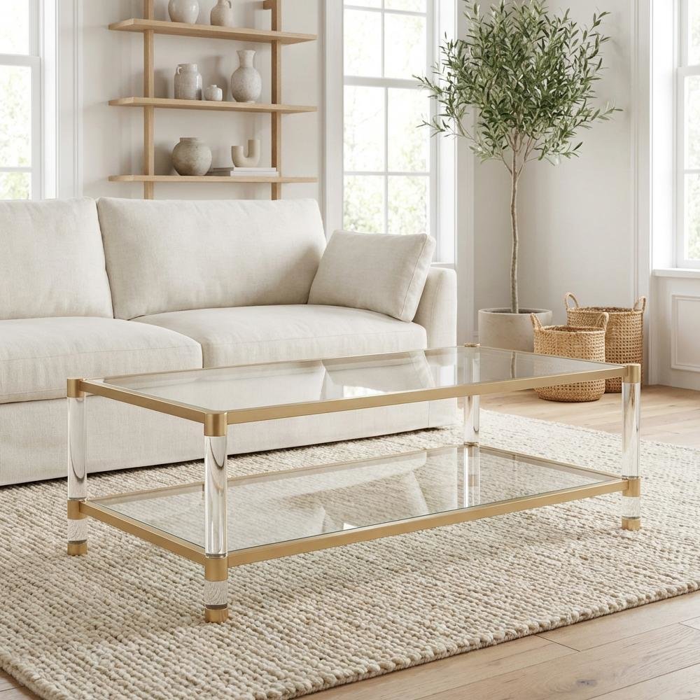 Gold Coffee Table with Steel PO Frame and Tempered Glass Top, Acrylic Accents