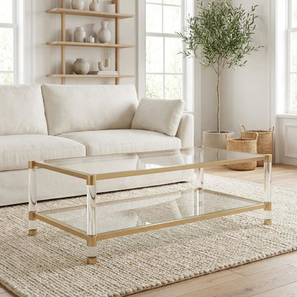 Gold Coffee Table with Steel PO Frame and Tempered Glass Top, Acrylic Accents