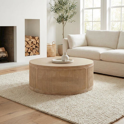 Gray Transitional Cane Coffee Table with Solid Oak Wood and Oak Veneer Frame