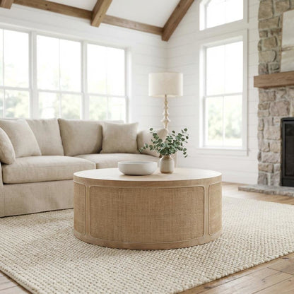 Gray Transitional Cane Coffee Table with Solid Oak Wood and Oak Veneer Frame