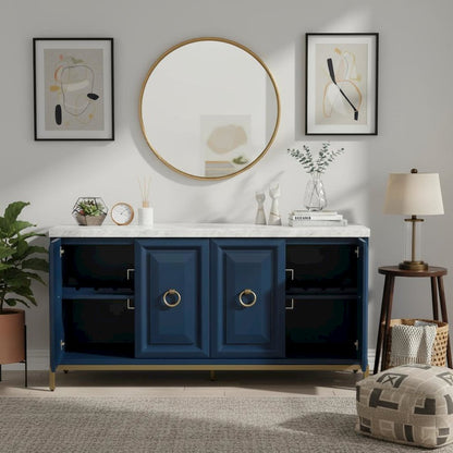 Media Sideboard White, Marble Top, Wine Racks, Steel Base
