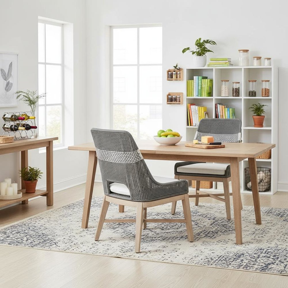 Gray Dining Chair 2-Piece Set, Solid Mahogany, Rope Pattern, X Base
