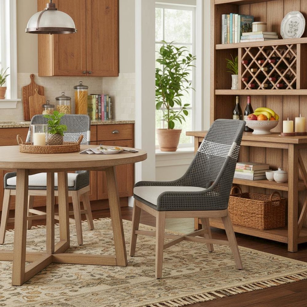 Gray Dining Chair 2-Piece Set, Solid Mahogany, Rope Pattern, X Base