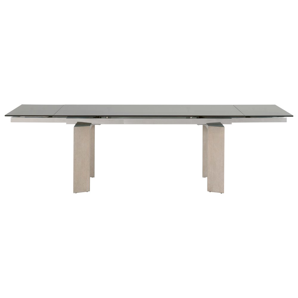 Gray Extension Dining Table, Ash Wood, Double Pedestal, Glass Top