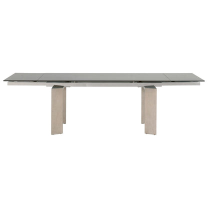 Gray Extension Dining Table, Ash Wood, Double Pedestal, Glass Top